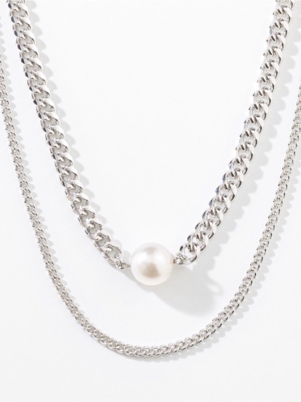 Touchstone Crystal Silver-Tone Double Layer Necklace with White Pearl
